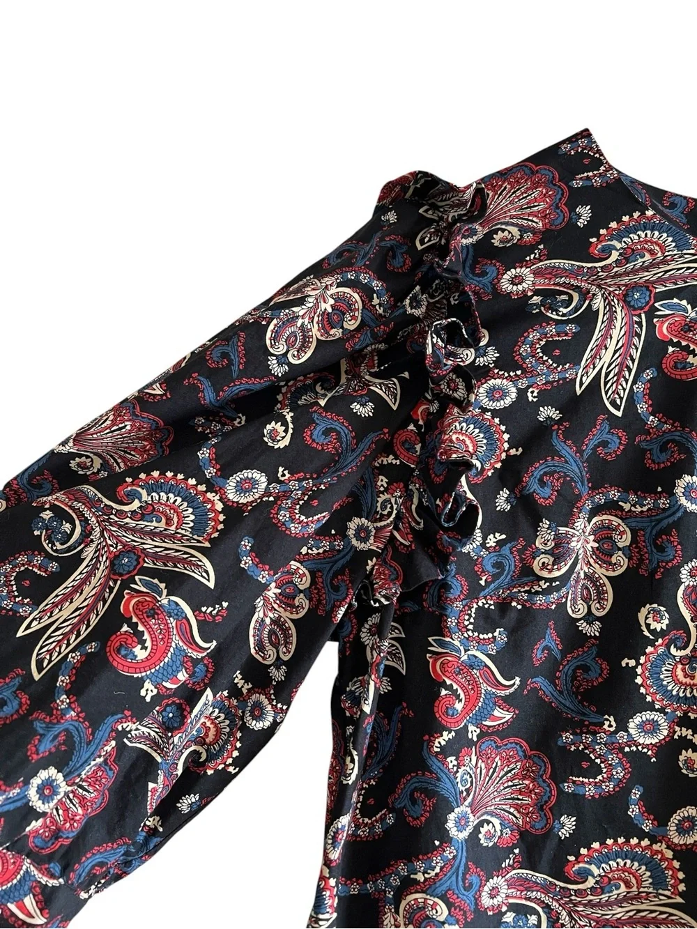 ba&sh Rym Black Paisley Puff-Sleeve ruffled blouse size L excellent condition - Picture 7 of 16